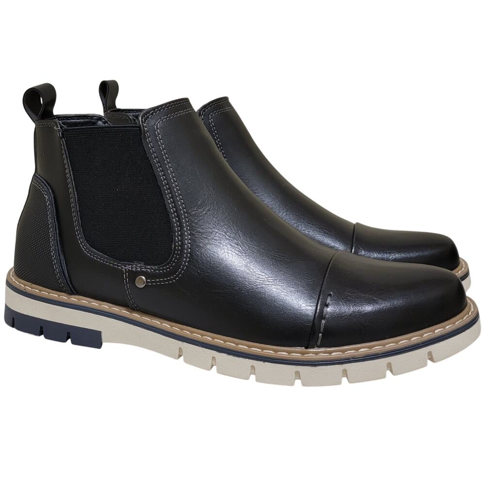 Vance Co Men Waylon Cap Toe Chelsea Ankle Boots Size US 9M Black Faux Leather